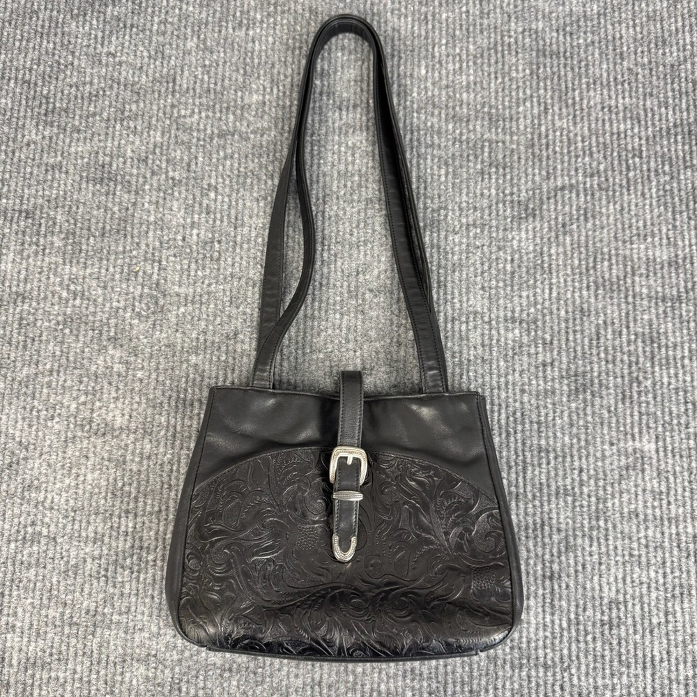 Vtg Y2K Liz Claiborne Leather Co Handbag Black Tooled Western Shoulder Bag